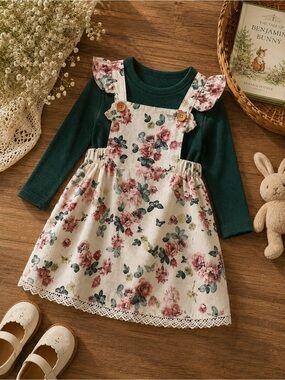 Rare Editions White Floral Pinafore Dress with Green Top